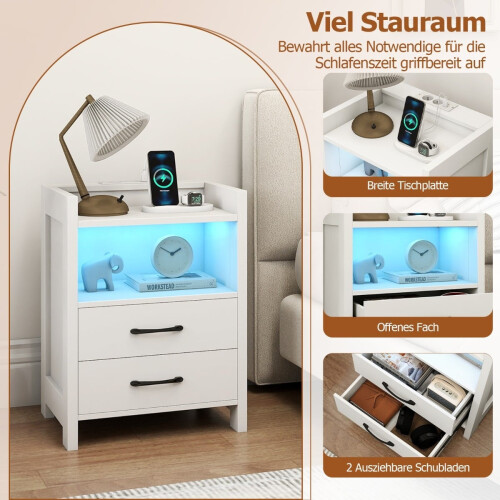 Nachttisch mit LED-Beleuchtung und Ladestation, 2 Schubladen 2