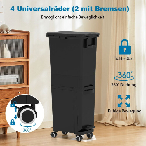 Küchenmülleimer mit 3 Fächern, schwarz, 4 Räder 2