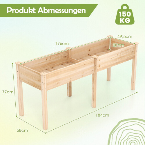 Jardinera elevada de madera con patas, 185 x 58 x 77 cm 1