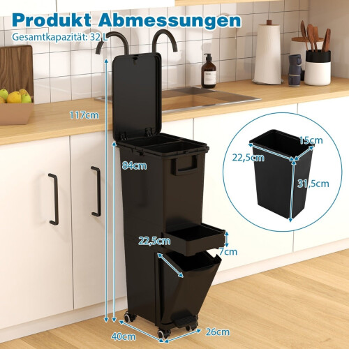 Küchenmülleimer mit 3 Fächern, schwarz, 4 Räder 1