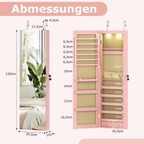 Jewelry Cabinet with Mirror, LED Lighting, Lockable, Pink 1
