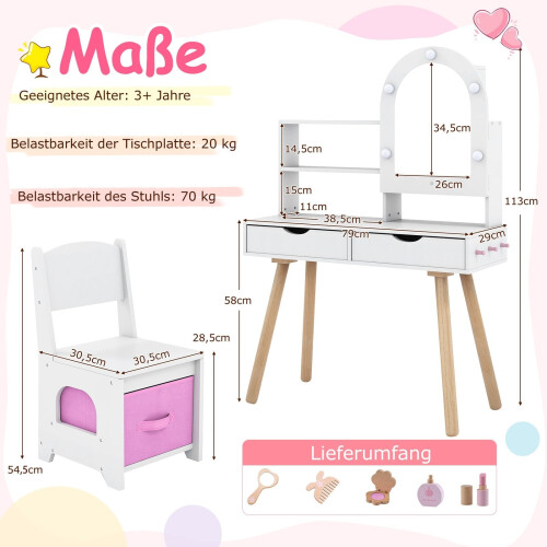Conjunto de penteadeira infantil com espelho LED de 3 cores e cadeira. 1