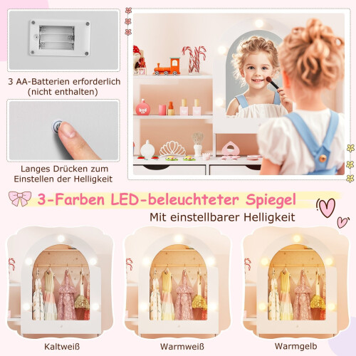 Conjunto de penteadeira infantil com espelho LED de 3 cores e cadeira. 2