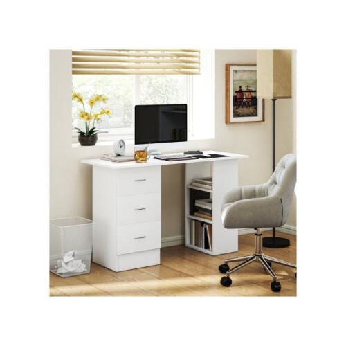 HOMCOM Computer Desk, Writing Table, PC Workstation with 3 Storage Shelves and Drawers, Silver Handle, for Home Office, White 1