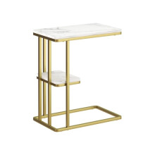 C-Shaped Narrow Side Table, 2-Tier Slim End Table, Nightstand for Small Spaces, Living Room, Bedroom, White Marble Grain