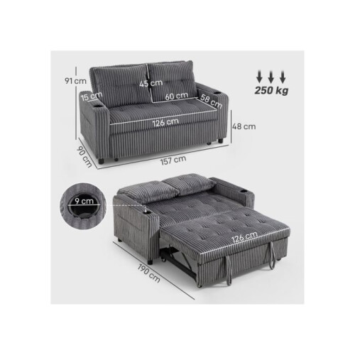 2 Seater Click Clack Sofa Bed with Pull Out Design, Corduroy Upholstery - Charcoal Grey 2