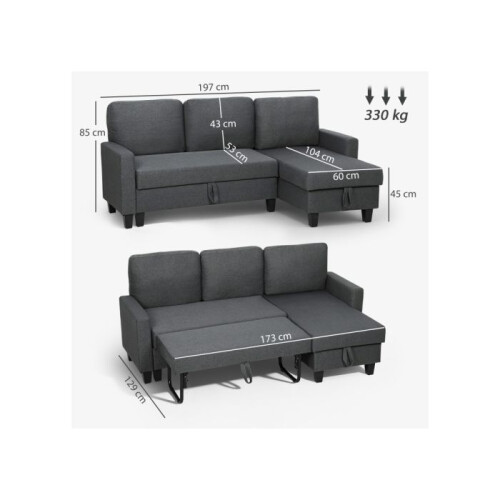 Three-Seater Storage Sofa Bed - Charcoal Grey 2