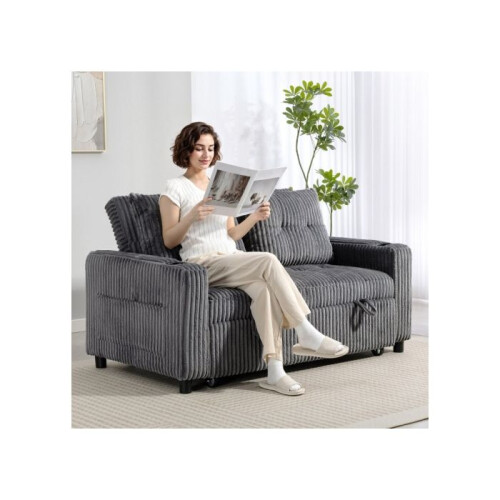 2 Seater Click Clack Sofa Bed with Pull Out Design, Corduroy Upholstery - Charcoal Grey 1