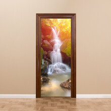 Door Stickers PVC Waterproof 3D Forest Waterfall Wallpaper Door Mural 95cm x 215cm