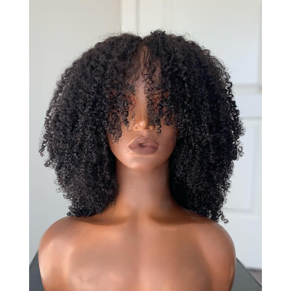 Unisex Black Kinky Curly Bob Wig With Bangs Glueless 100% Human Hair Afro Style For Women 10 Inch
