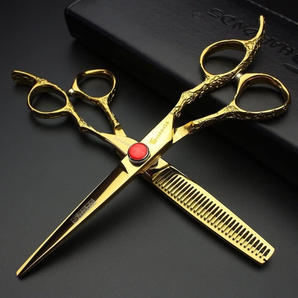 Golden Professional Hairdressing Scissors 6 Inch 440C Stainless Steel Rose Pattern Cutting And Thinning