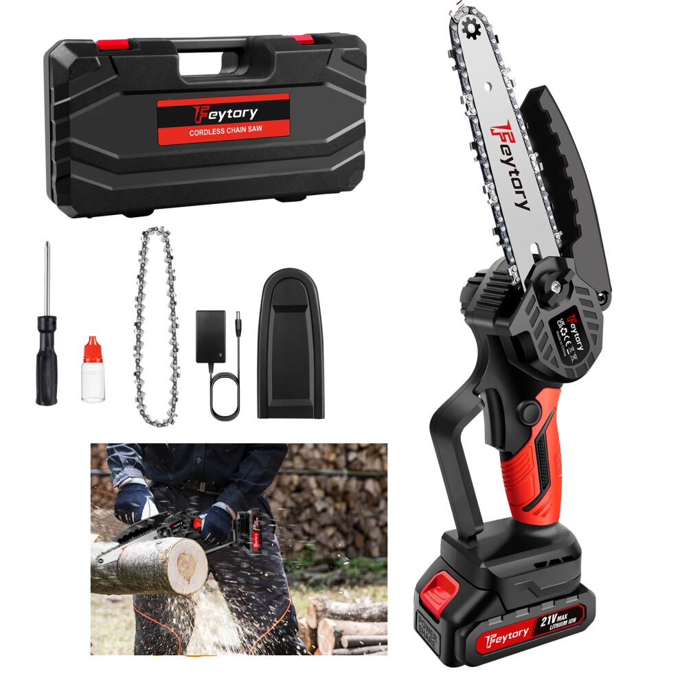 Youseahome ( With 2 Batteries) Mini Chainsaw Cordless 6 Inch, Powerful Electric Chain Saw With Case For Garden Tree Cutting & Pruning Orange