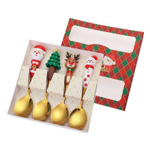 Christmas Spoon Set of 4 Stainless Steel Dessert and Coffee Spoons With 3D Cartoon Christmas Tree Elk Santa Snowman Gold