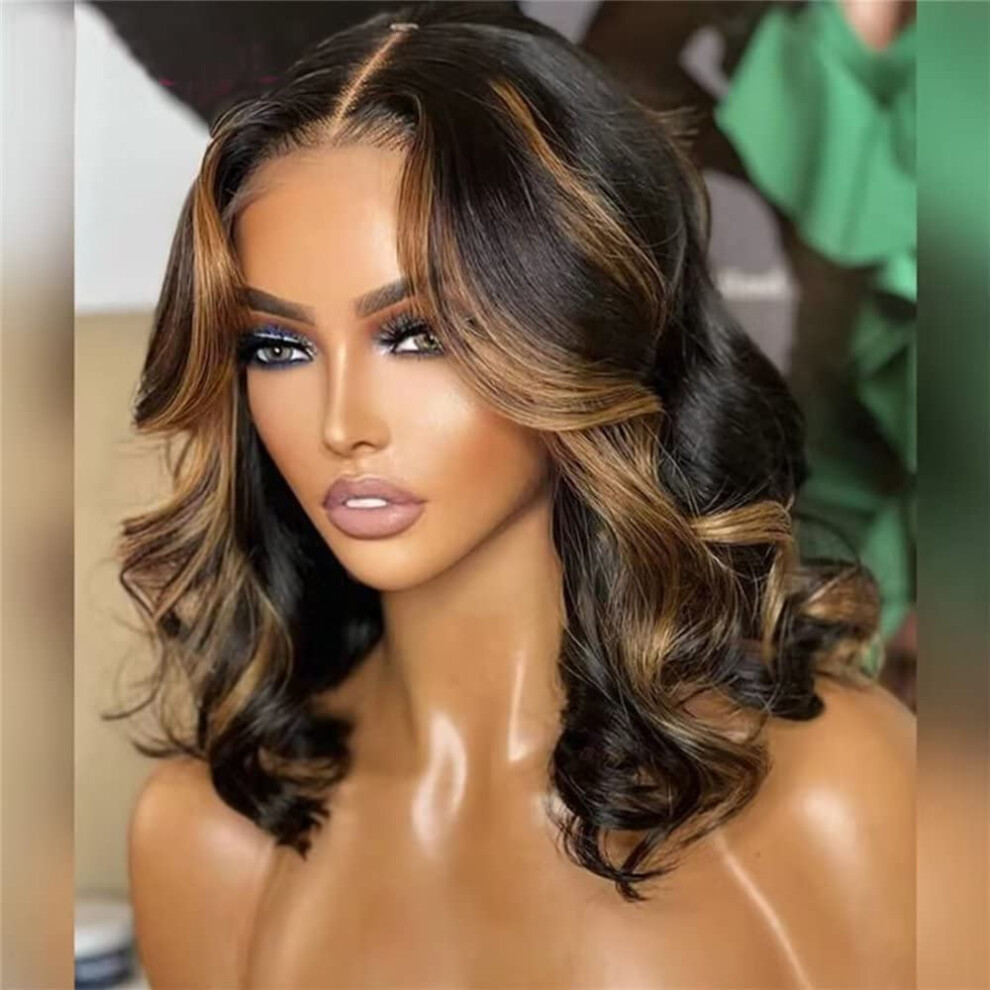 Unisex Brazilian Human Hair Lace Front Wig #1B/27 Highlight Wavy Bob Glueless Hd Transparent Lace 13X4