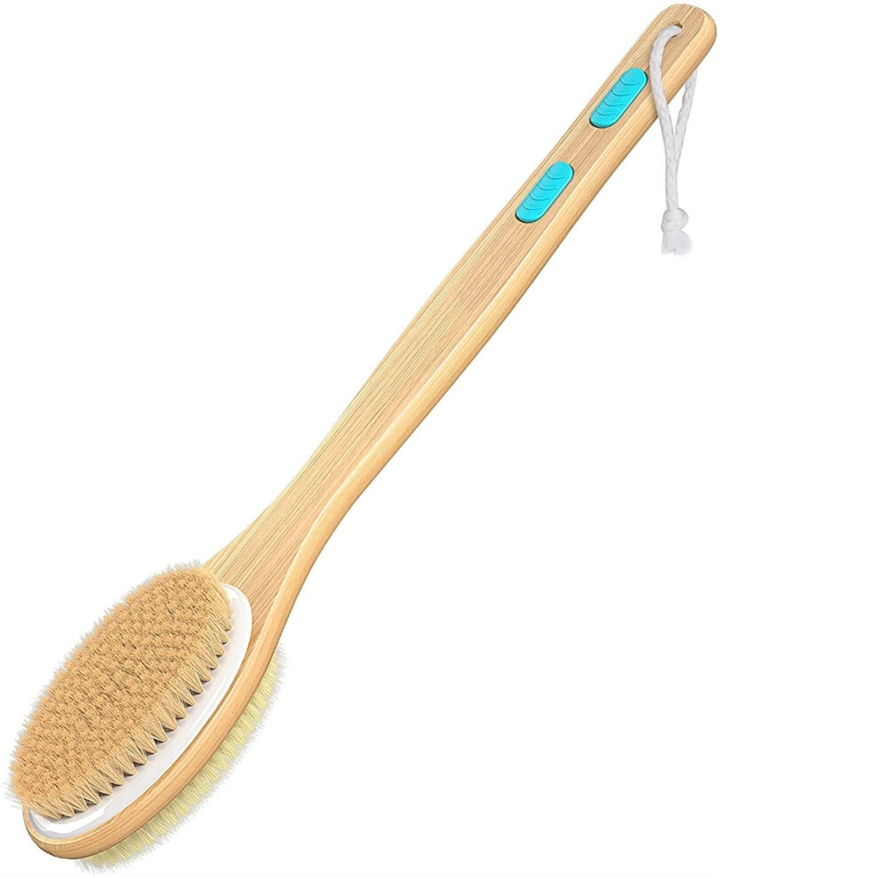 Long Handle Back Scrubber Bath Brush with Dual Bristle Wooden Handle for Gentle and Deep Exfoliation