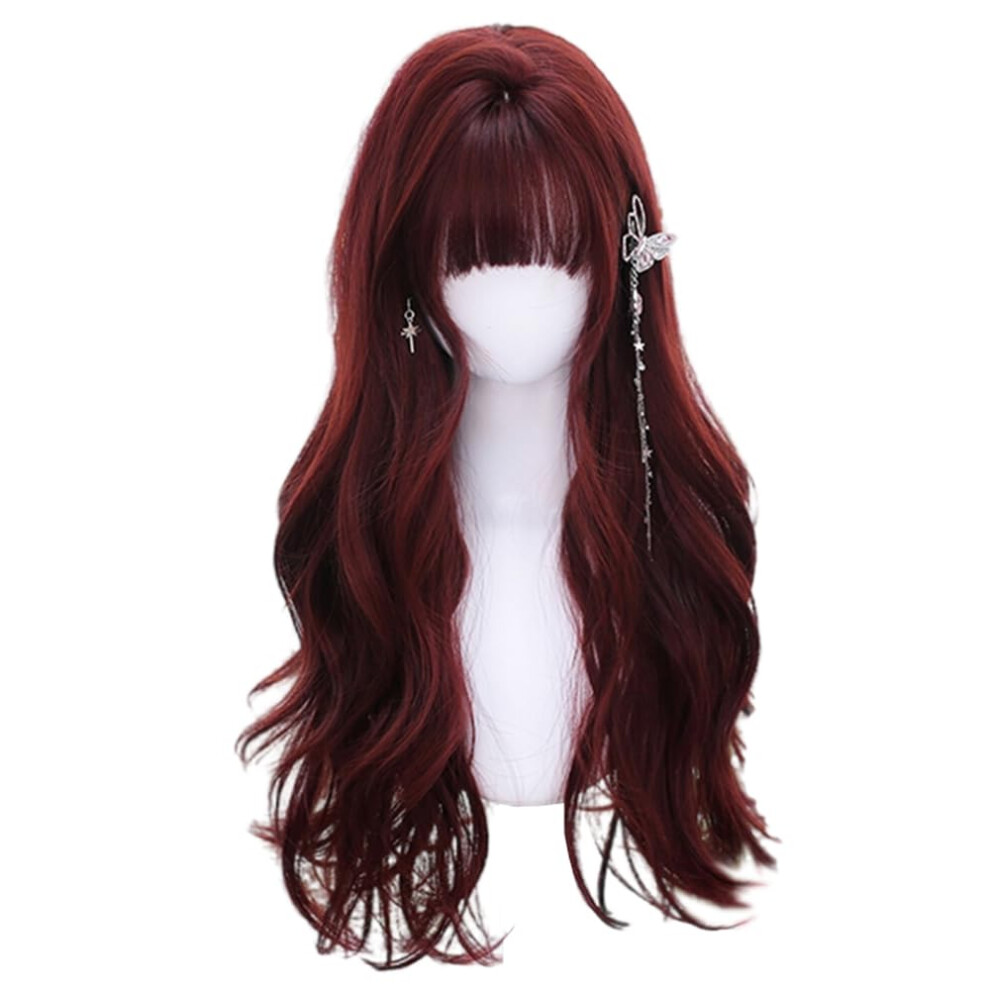 Red Synthetic Wig with Bangs 60cm Heat Resistant Long Red Wig for Women Cosplay and Daily Use