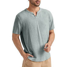 Men's Linen VNeck Short Sleeve Henley Shirt Summer Casual Breathable Regular Fit Gray M