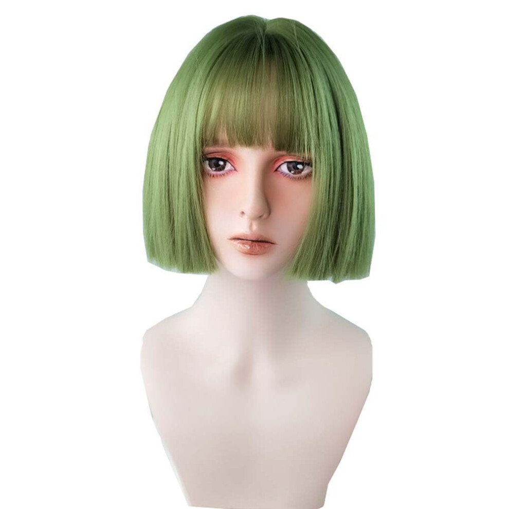 Unisex Green Short Bob Wig With Bangs, Heatresistant Synthetic Fiber, Adjustable Comfortable Cap For Women