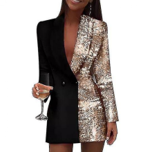 Women Fashion Colorblock Sequins Long Sleeve Double Breasted Bodycon BlazerredL