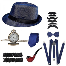 Set di accessori per costume da uomo Gatsby del 1920 con cappello da gangster Panama, barba, bretelle elastiche regolabili, 8 pezzi, grigio
