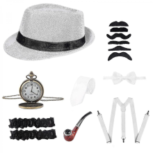 Set di accessori per costume da uomo Gatsby del 1920 con cappello da gangster Panama, barba, bretelle elastiche regolabili, 8 pezzi, colore: caffè