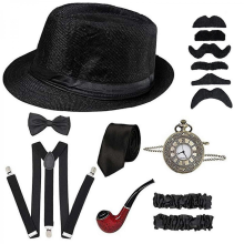 1920 Mens Gatsby Costume Accessory Set With Panama Gangster Hat Beard Adjustable Elastic Braces 8pcsRed