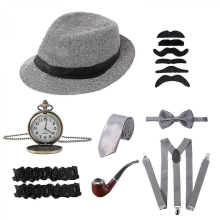 Set di accessori per costume da uomo Gatsby del 1920 con cappello da gangster Panama, barba, bretelle elastiche regolabili, 8 pezzi, bianco