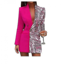 Women Fashion Colorblock Sequins Long Sleeve Double Breasted Bodycon BlazerchampagneS
