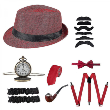 Set di accessori per costume da uomo Gatsby del 1920 con cappello da gangster Panama, barba, bretelle elastiche regolabili, 8 pezzi, 9 pollici