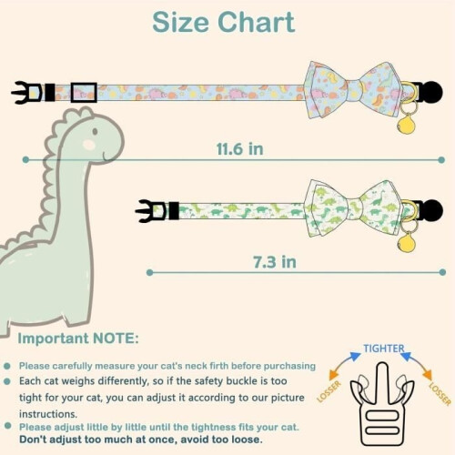 Cat collars with bell and safety clasp - Blue-green dinosaur design 1