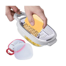 Vegetable grater - Professional - 3 blades - With bowl and lid - White plastic - Dishwasher safe