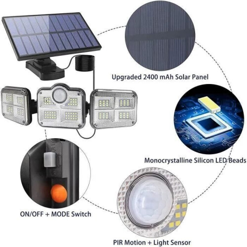 LED Wall Light - Solar Powered - 3 Heads - Motion Sensor - IP65 Waterproof - 122 LEDs 2