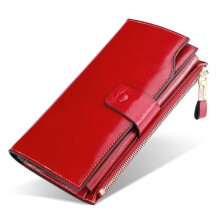 Women's Genuine Leather Wallet, Large Capacity, RFID Blocking, Long Zipper Closure - Red