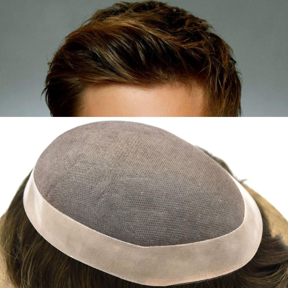Unisex Brown Men's Hairpiece Human Hair Toupee 8X10 Dark Mono Lace Poly Skin Natural Appearance Durable