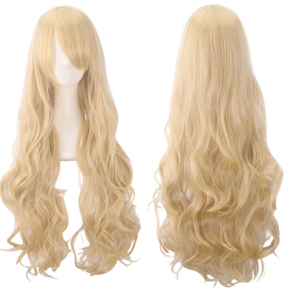 Unisex Gold Long Curly Wig With Bangs 80Cm Flaxen Heat Resistant Synthetic Cosplay Wig Adjustable Cap