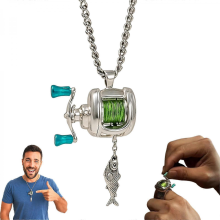 Men's Fishing Reel Necklace, Swivel Handle and Movable Swivel, Fishing Jewelry Gift for Men.