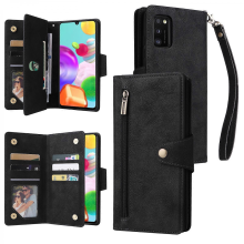 Samsung Galaxy A41 Brieftaschenhülle aus Kunstleder mit Magnetverschluss und Kartenfächern (Schwarz)