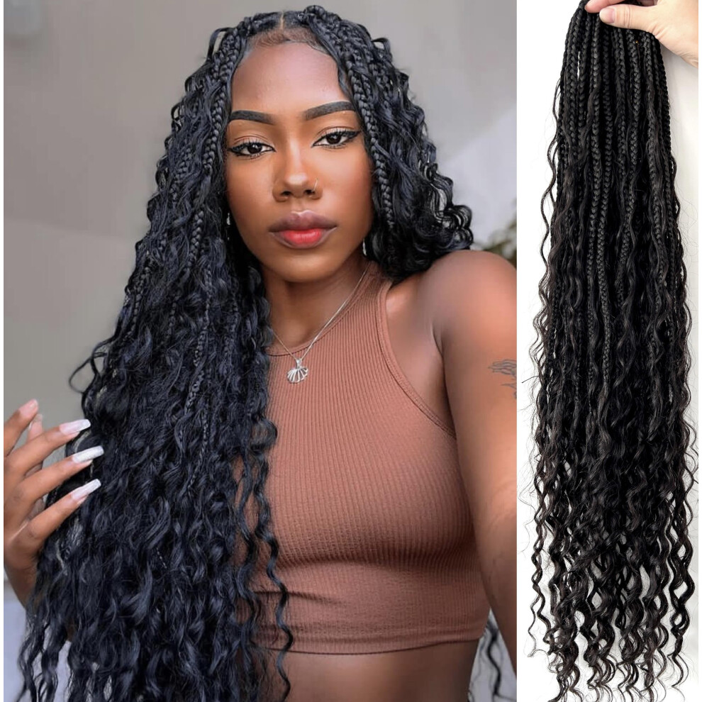 Unisex 14 Inch Boho Box Braids With Human Hair Curls, Prelooped Crochet Braids Hair, 80 Strands