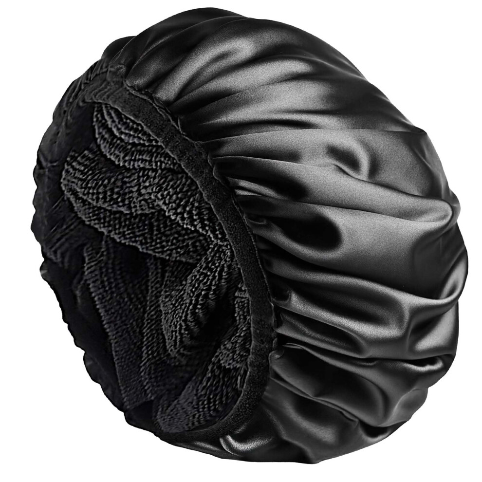 Waterproof Large Shower Cap Triple Layer Satin with Terry Lining for Women Long Hair Adjustable
