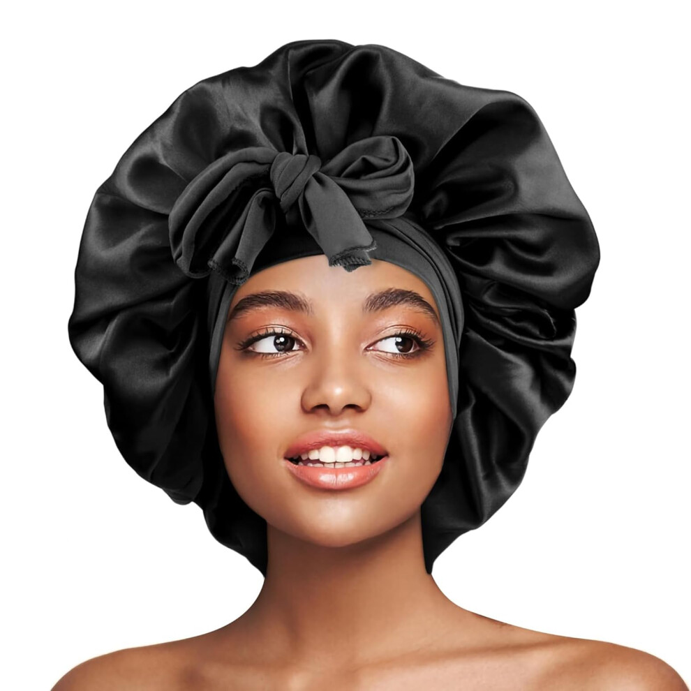Unisex Black Satin Hair Bonnet For Curly And Long Hair Moisture Retention Frizz Prevention Adjustable Elastic 36Cm