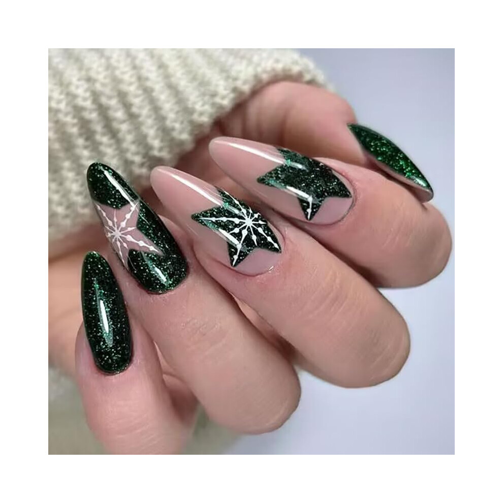 Green Christmas Almond Press On Nails Snowflake Glitter False Nails Salonquality Reusable