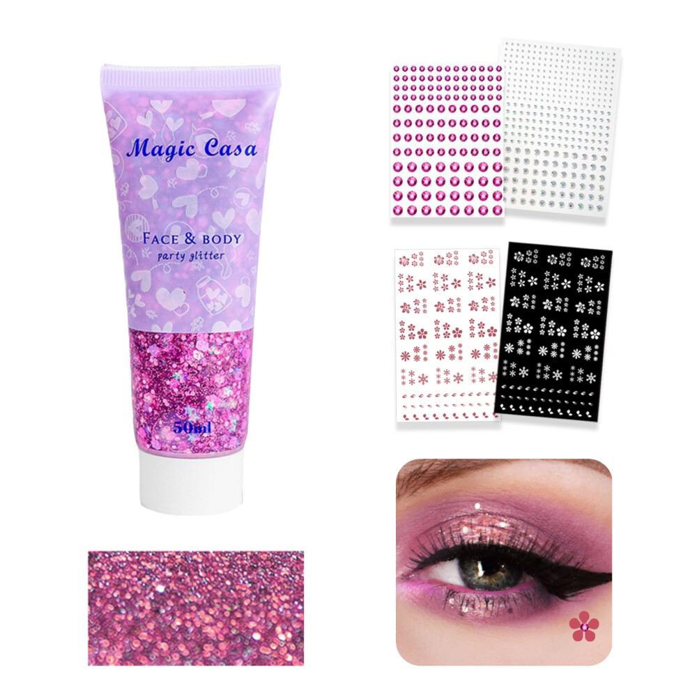 Pink Holographic Body Glitter Gel With Face Gems For Festival, Rave And Party Makeup 50Ml