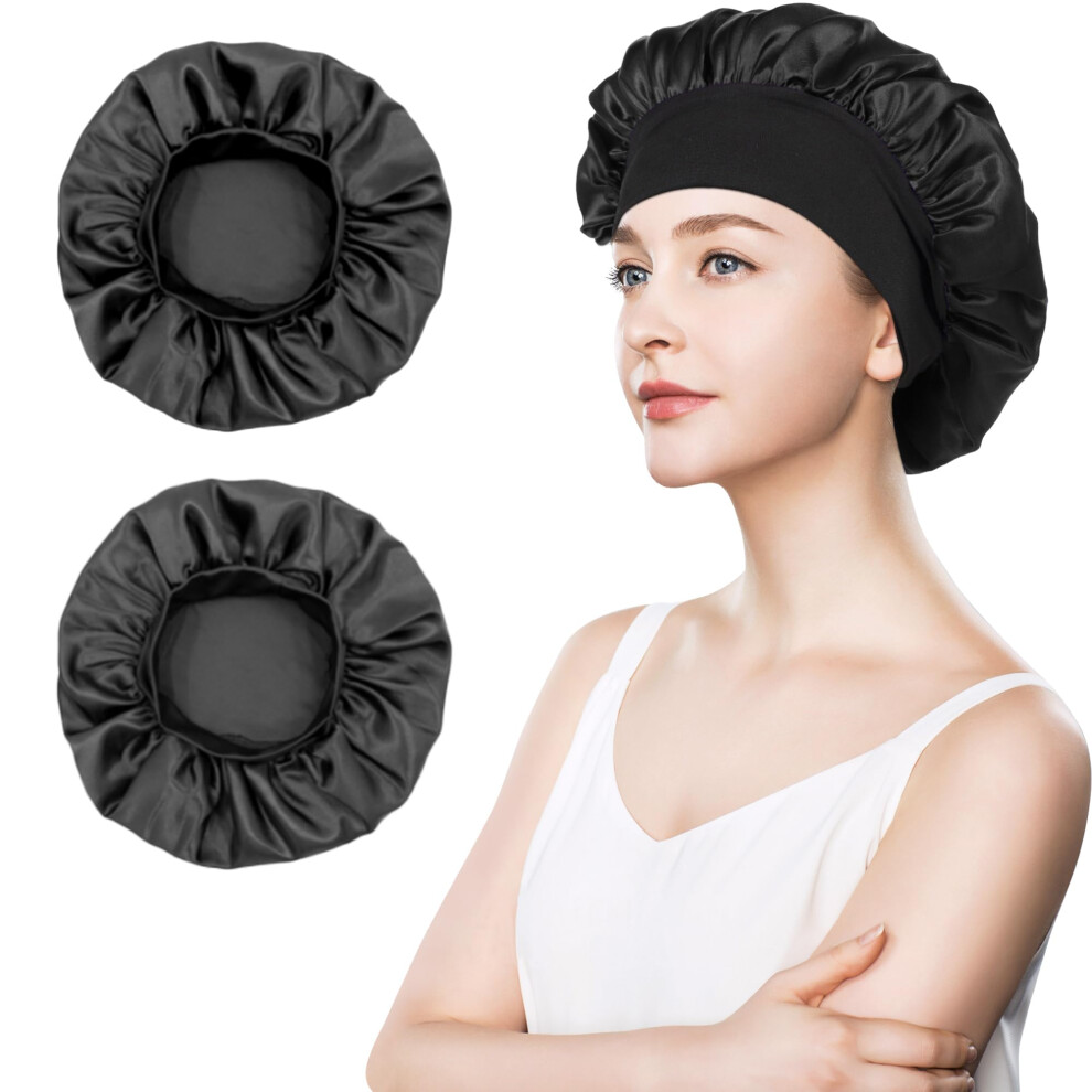 Black 2Pcs Satin Sleep Cap For Curly Hair, Large Silk Hair Bonnet For Braids And Locs, Breathable