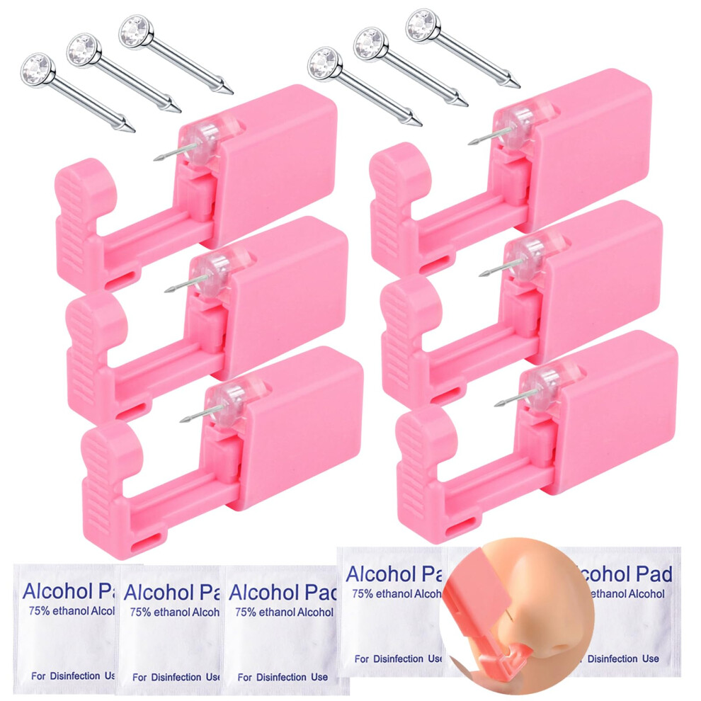 Silver 6 Pack Nose Piercing Kit With Disposable Self Piercing Gun And Preloaded Studs Safe Hygienic
