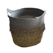 Cesto de vime trançado estilo nórdico, vaso de flores, floreira de vime para uso interno, cinza cáqui, 30x28cm, para armazenamento, 1 peça.