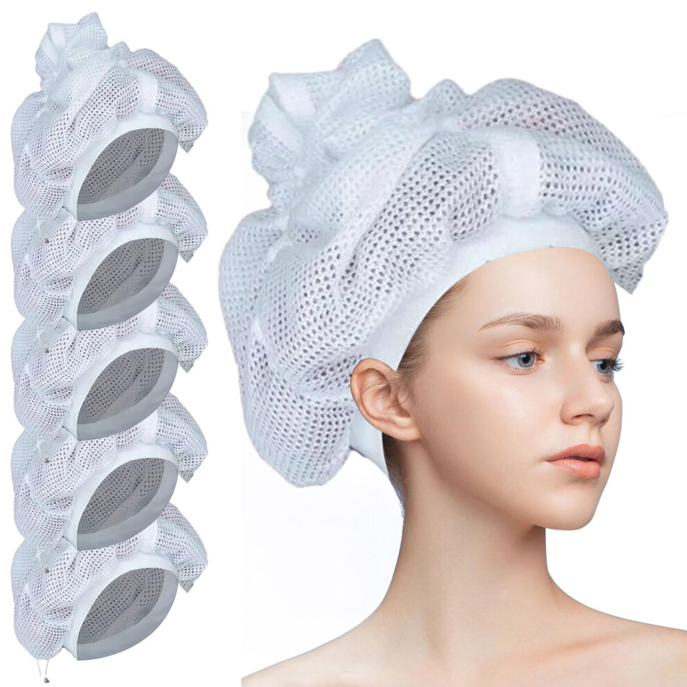 Curly Hair Drying Cap with Drawstring, Net Plopping Bonnet Blow Dryer Attachment (5PCS)