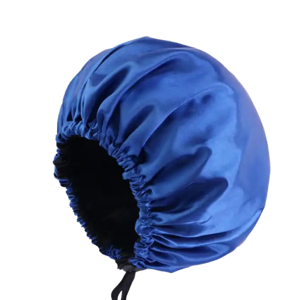 Blue/Black Satin Hair Bonnet With Adjustable Strap, Doublelayer Silk Sleep Cap, Reversible For Natural Hair