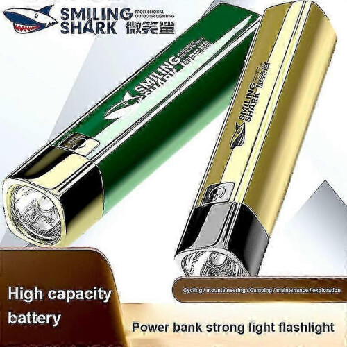 (02 gold) Smile Shark Led Flashlight Portable Strong Light Long-range Small Rechargeable Lamp Power Bank Multi-function Tent Camping Torch 1