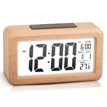 (Solid Wood Color) Wooden Lcd Digital Alarm Clock Smart Sensor Night Light With Snooze Date Temperature 12/24hr Switchable
