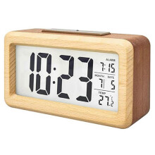 (Solid Wood Double Color) Wooden Lcd Digital Alarm Clock Smart Sensor Night Light With Snooze Date Temperature 12/24hr Switchable